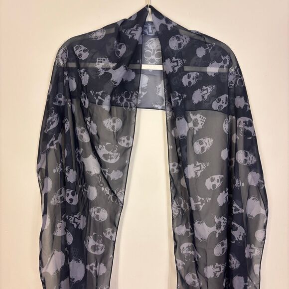 Semi Sheer Horror Movie Scary Face Print Black Scarf Halloween - Picture 3 of 3